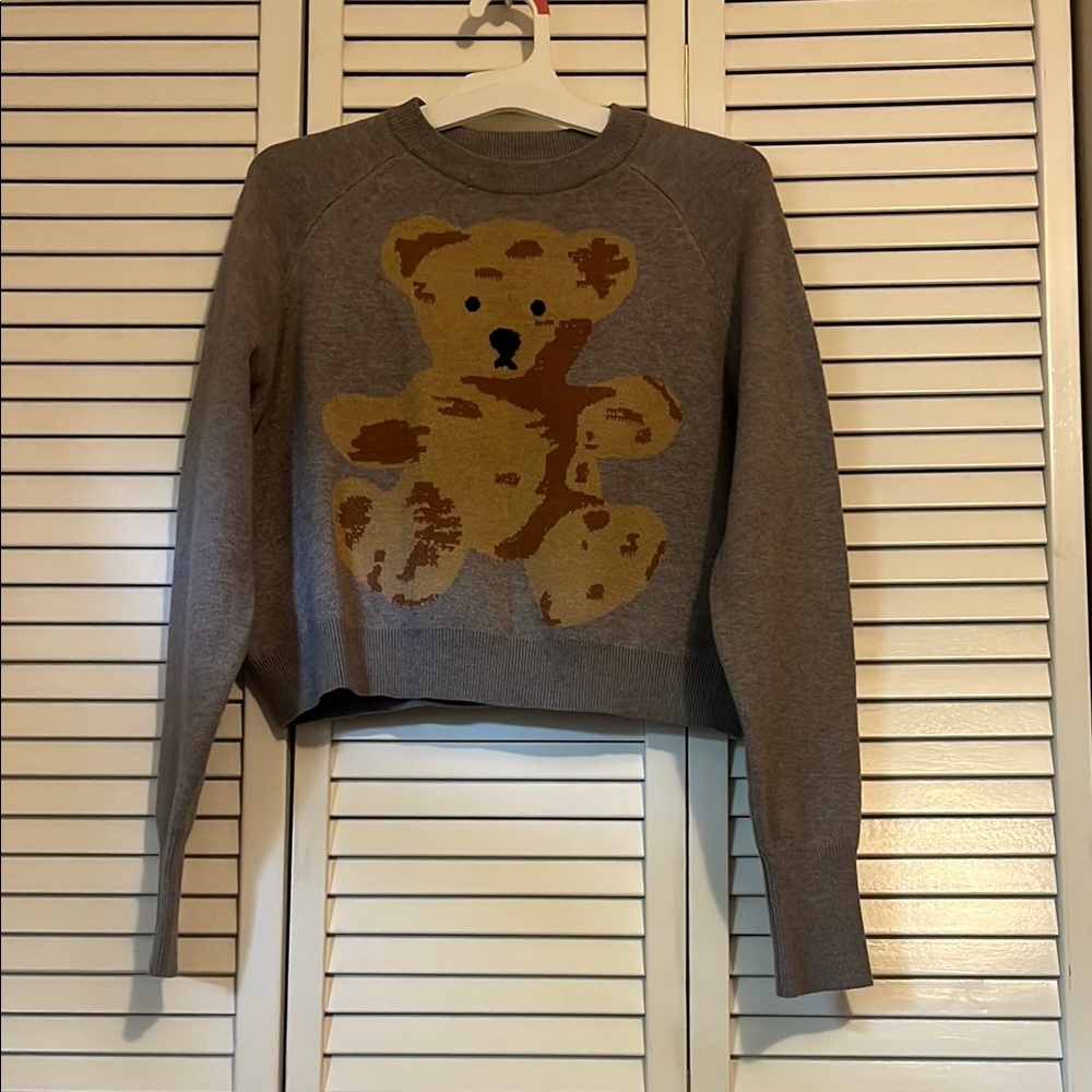 Hippie Rose Gray Crew Neck Sweater with Teddy Bear Design